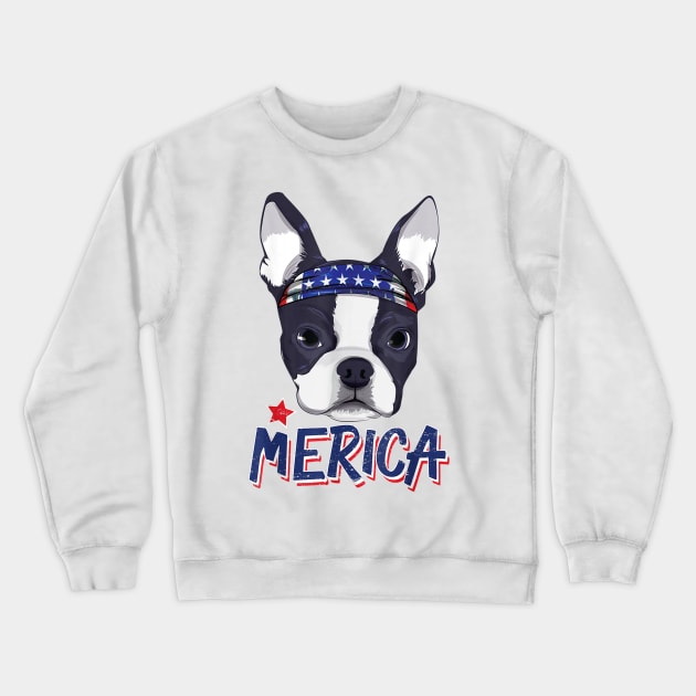 Boston Terrier Merica Bandana USA Flag 4th Of July Crewneck Sweatshirt by Xamgi